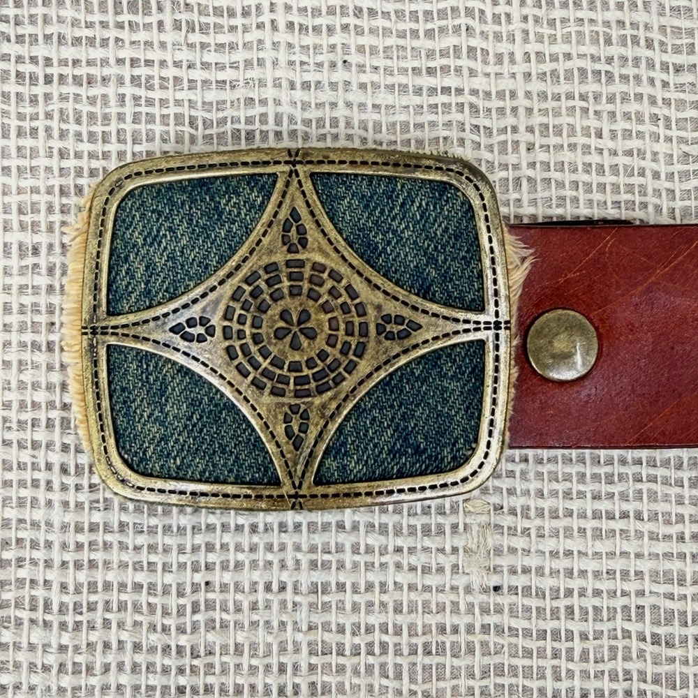 Tobacco Road Brown Italian Leather Denim Inlay Belt 34 USA Made Brass Buckle